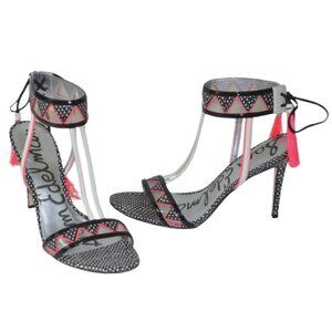 SAM EDELMAN Black/White/Neon Pink Sadie Snake Print T-Strap Stiletto Heels 10M